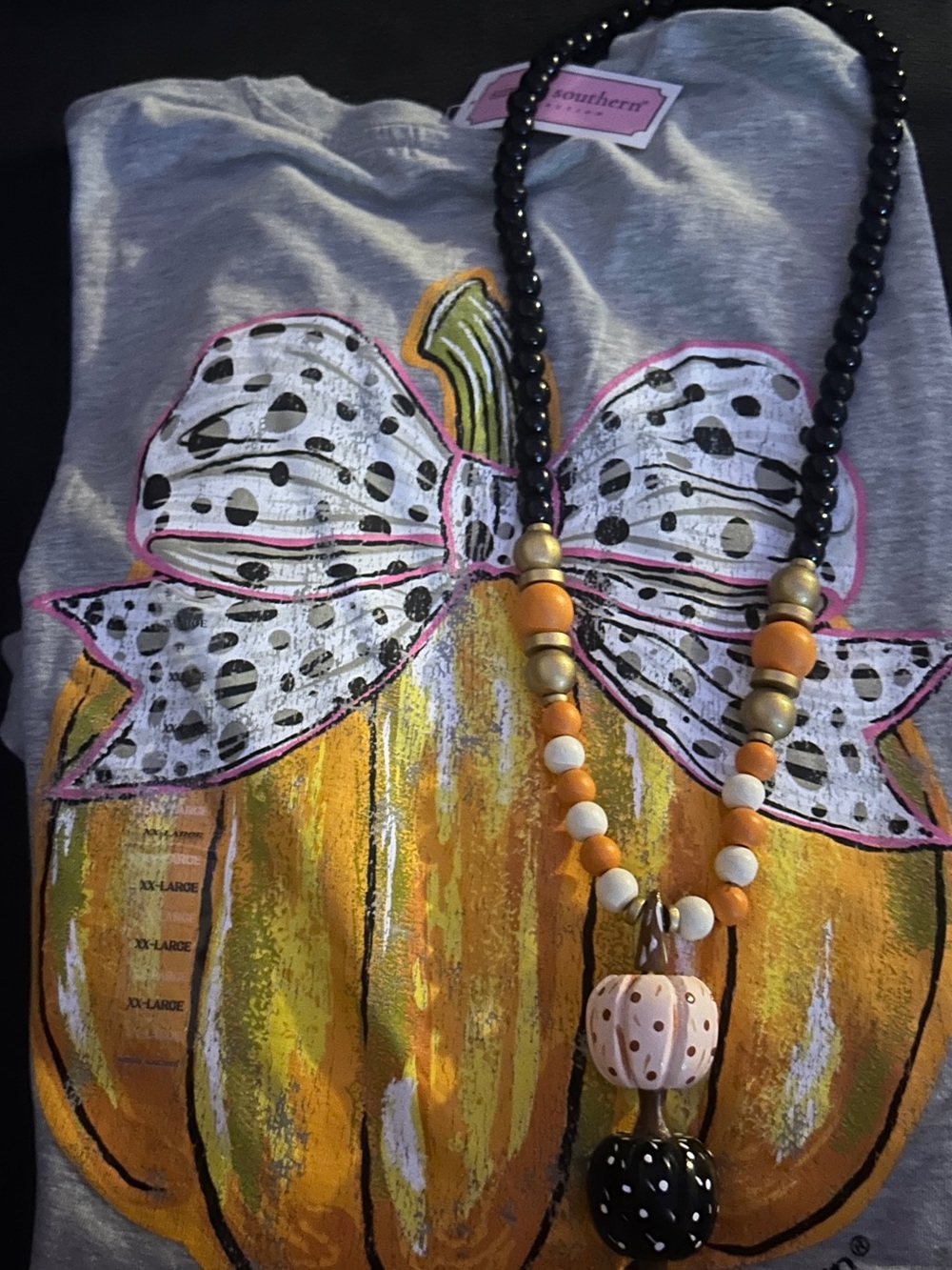 New Southern Fall Halloween Bow Pumpkin Necklace Shirt Set 2XL XXL